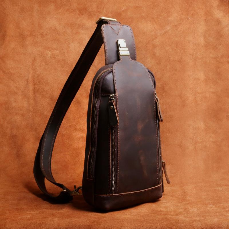 Handmade Leather Mens Cool Chest Bag Sling Bag Crossbody Bag Travel Bag Hiking Bag for men