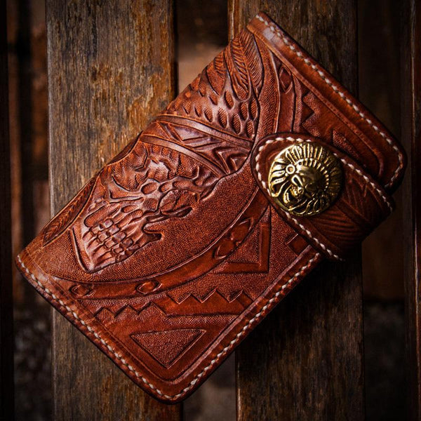 Handmade Leather Skull Indian Chief Tooled Mens billfold Wallet Cool Chain Wallet Biker Wallet for Men - imessengerbags