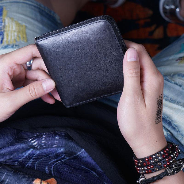 Genuine Leather Mens Cool Zipper Leather Wallet Men Small Wallets Bifold for Men - imessengerbags