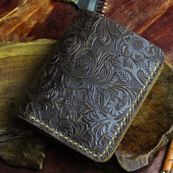 Handmade Leather Floral Mens Cool Slim Leather Wallet Men billfold Wallets Bifold for Men - imessengerbags