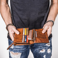 Handmade Leather Mens Cool Long Leather Wallet Bifold Clutch Wallet for Men