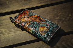 Handmade Leather Carp Mens Chain Biker Wallet Cool Leather Wallet Long Phone Wallets for Men