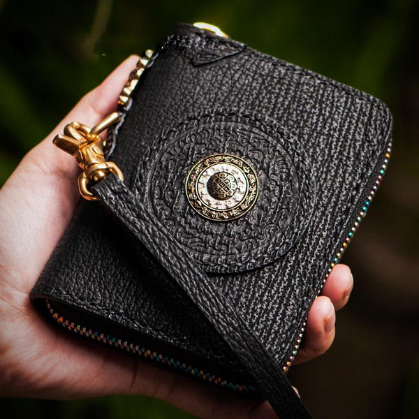 Handmade Leather Small Tooled Mens billfold Wallet Cool Chain Wallet Biker Wallet for Men - imessengerbags
