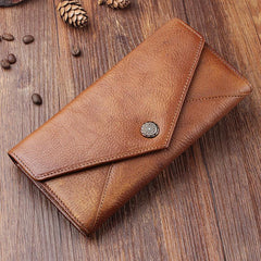 Handmade Leather Mens Cool Long Leather Wallet Bifold Envelope Clutch Wallet for Men