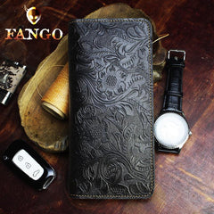 Handmade Leather Floral Mens Cool Travel Long Wallet Card Holder Card Slim Clutch Wallets for Men - imessengerbags