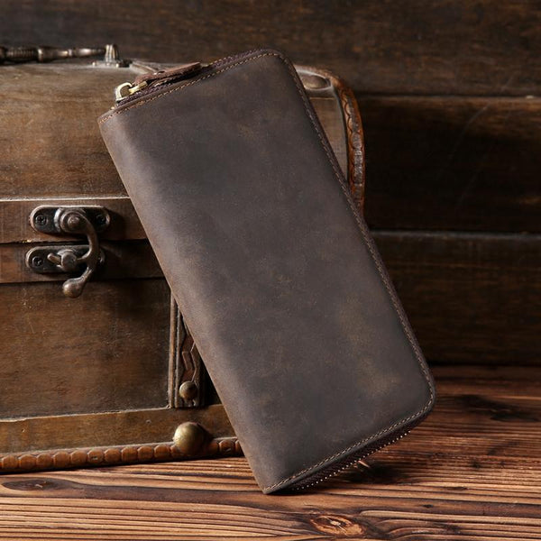 Handmade Leather Mens Cool Long Leather Wallet Zipper Clutch Wallet for Men - imessengerbags