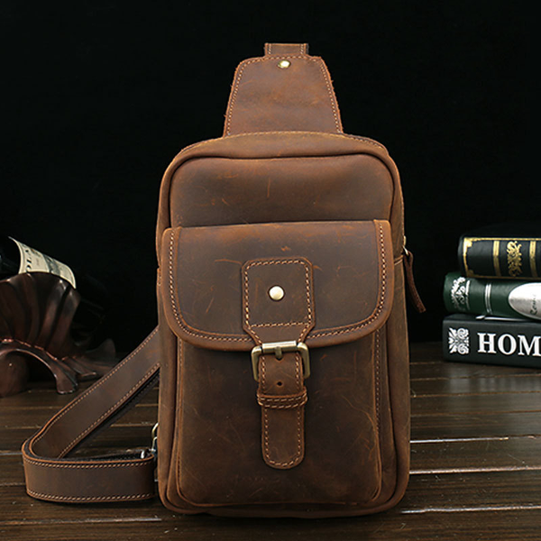 Vintage Leather Mens Sling Shoulder Bags Sling Bag Chest Bag Sling Backpack for men - imessengerbags