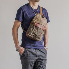 Canvas Leather Mens Cool Chest Bag Sling Bag Crossbody Bag Travel Bag Hiking Bag for men