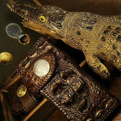 Handmade Leather Crocodile skin Biker Wallet Mens Cool Chain Wallet Trucker Wallet with Chain