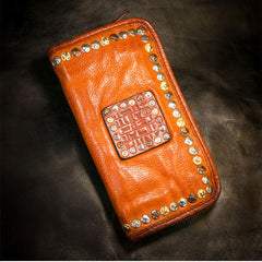 Handmade Leather Mens Chain Biker Wallet Cool Leather Wallet Long Phone Wallets for Men