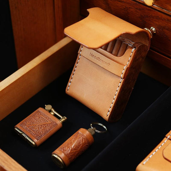Wooden Beige Leather Mens Cigarette Case Cool Custom Cigarette Holder for Men - imessengerbags