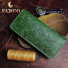 Handmade Leather Floral Mens Cool Travel Long Wallet Card Holder Card Slim Clutch Wallets for Men - imessengerbags