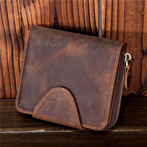Leather Mens Wallet billfold Zipper Bifold Wallet Vintage Wallet for Men - imessengerbags