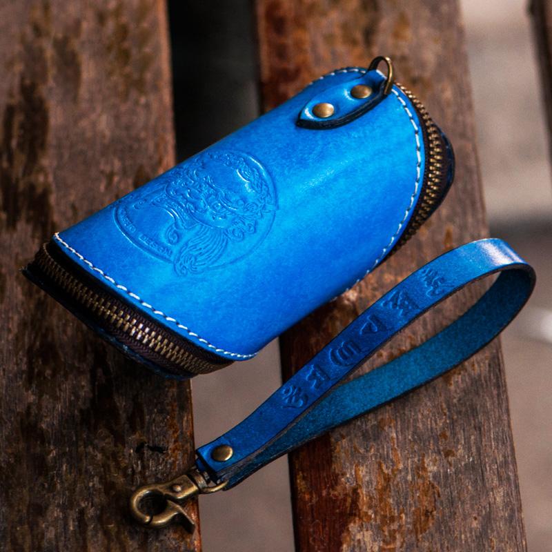 Handmade Leather Tooled Mens Cool Car Key Wallet Coin Wallet Pouch Car KeyChain for Men - imessengerbags