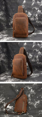 Vintage Mens Leather One Shoulder Backpacks Chest Bag Sling Bags Sling Crossbody Bags For Men - imessengerbags