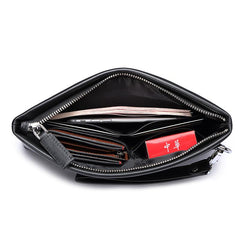 Handmade Leather Mens Clutch Cool Slim Wallet Zipper Clutch Wristlet Wallet for Men