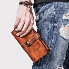Handmade Leather Mens Cool Long Leather Wallet Bifold Clutch Wallet for Men