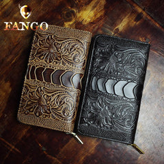 Handmade Leather Mens Tooled Floral Cool Zipper Phone Travel Long Wallet Card Holder Card Slim Clutch Wallets for Men - imessengerbags