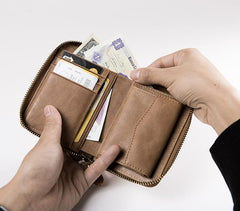 Handmade Leather Mens Cool Slim Leather Zipper Wallet Men Small Wallets Bifold for Men - imessengerbags
