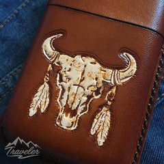 Brown Leather Mens Engraved Skull Cigarette Holder Case Vintage Custom Cigarette Case for Men - imessengerbags