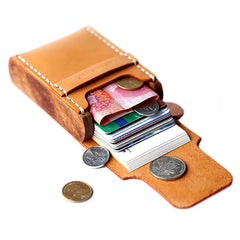 Handmade Cool Wooden Brown Leather Mens Wallet Small Card Holder Coin Wallet for Men - imessengerbags