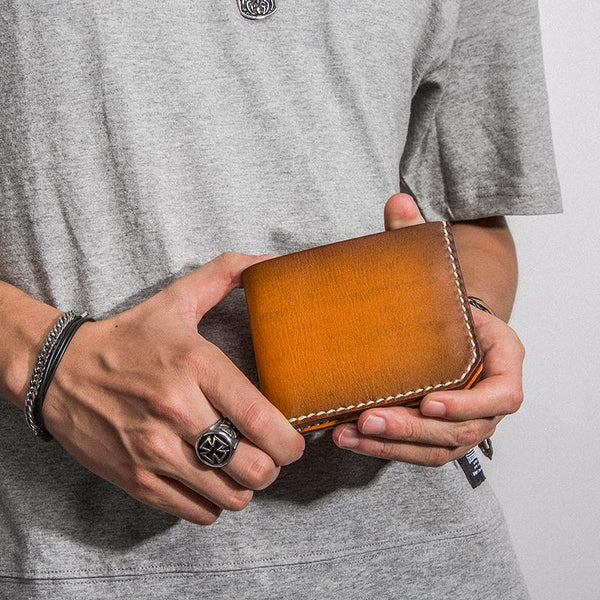 Handmade Mens Cool billfold Leather Wallet Men Small Slim Wallets Bifold for Men - imessengerbags