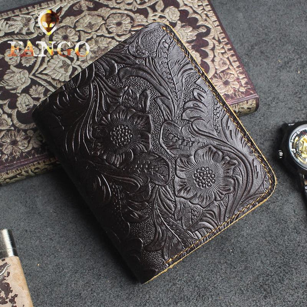 Handmade Leather Floral Mens Cool Slim Leather Wallet Men billfold Wallets Bifold for Men - imessengerbags