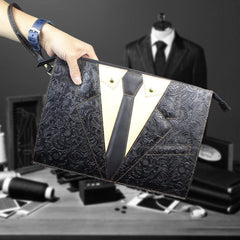Handmade Leather Floral Tooled Mens Clutch Cool Slim Wallet Zipper Clutch Wristlet Wallet for Men - imessengerbags