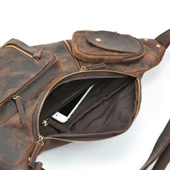 Handmade Leather Mens Cool Chest Bag Sling Bag Crossbody Bag Travel Bag Hiking Bag for men