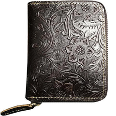 Handmade Leather Floral Mens Zipper Cool billfold Wallet Card Holder Small Card Slim Wallets for Men - imessengerbags