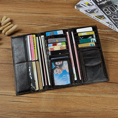 Genuine Leather Mens Trifold Wallet Coffee Long Wallet for Men with Multi Cards - imessengerbags