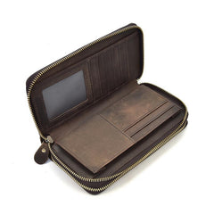 Handmade Leather Mens Cool Long Leather Wallet Zipper Wristlet Bag Clutch Wallet for Men - imessengerbags
