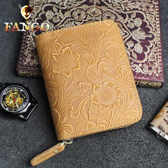 Handmade Leather Floral Mens Zipper Cool billfold Wallet Card Holder Small Card Slim Wallets for Men - imessengerbags