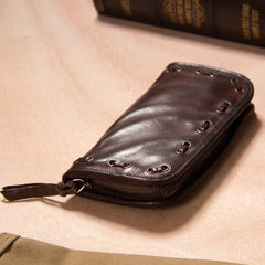 Cool Handmade Leather Mens Clutch Coffee Vintage Zipper Wallet for Men