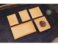 Handmade Wooden Brown Leather Mens Wallet Small Card Holder Coin Wallet for Men - imessengerbags
