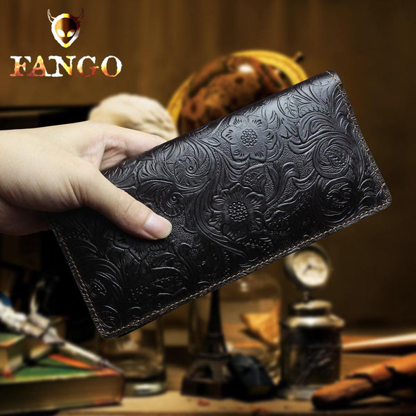 Handmade Leather Floral Mens Cool Travel Long Wallet Card Holder Card Slim Clutch Wallets for Men - imessengerbags