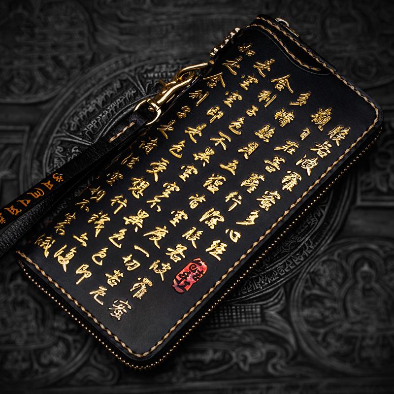Handmade Leather Mens Chain Chinese Handwriting Biker Wallet Cool Leather Wallet Long Phone Wallets for Men