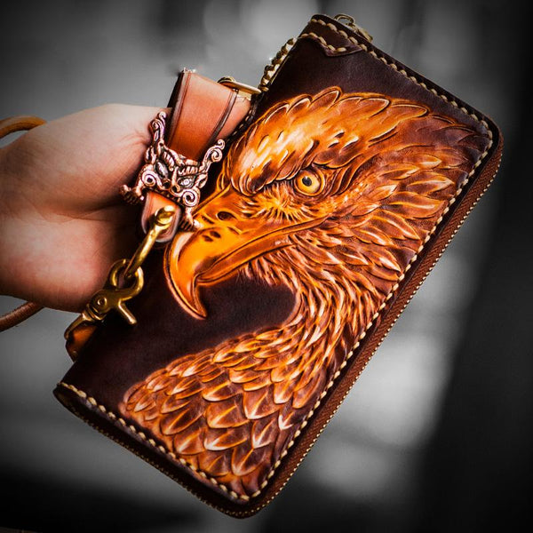 Handmade Leather Mens Tooled Eagle Chain Biker Wallet Cool Leather Wallet Long Clutch Wallets for Men - imessengerbags