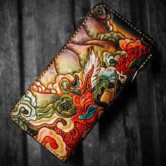 Handmade Leather Tooled White Jambhala Mens Chain Biker Wallet Cool Leather Wallet Zipper Long Phone Wallets for Men