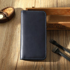 Blue Leather Mens Bifold Long Wallets Personalized Handmade Blue Travel Leather Wallet for Men