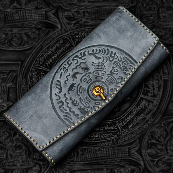 Handmade Leather Tooled Gray Women Envelope Vintage Leather Wallet Long Phone Clutch Wallets for Women - imessengerbags