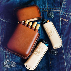 Beige Leather Mens Engraved Skull Cigarette Holder Case Vintage Custom Cigarette Case for Men - imessengerbags
