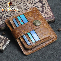 Handmade Leather Floral Mens Cool Front Pocket Wallet Short Wallet Card Holder Small Card Slim Wallets for Men