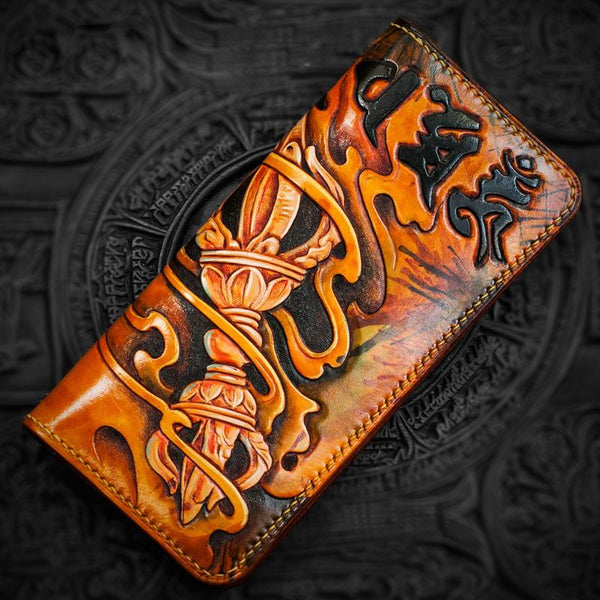 Handmade Leather Men Tooled Tibetan Pestle Cool Leather Wallet Long Phone Wallets for Men - imessengerbags