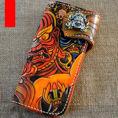 Handmade Mens Tooled God Mahakala Leather Chain Wallet Biker Trucker Wallet with Chain