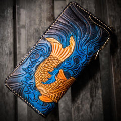 Handmade Leather Men Tooled Carp Cool Leather Wallet Long Phone Wallets for Men - imessengerbags