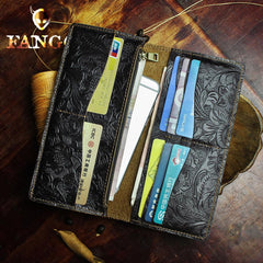 Handmade Leather Floral Mens Cool Travel Long Wallet Card Holder Card Slim Clutch Wallets for Men - imessengerbags