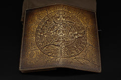 Handmade Leather Tooled Xiuhpohualli Calendar Mens Long Wallet Cool Leather Wallet Clutch Wallet for Men - imessengerbags