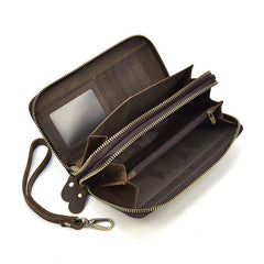 Handmade Leather Mens Cool Long Leather Wallet Zipper Wristlet Bag Clutch Wallet for Men - imessengerbags