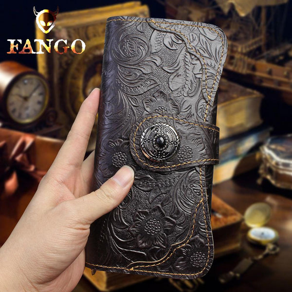 Handmade Leather Floral Mens Cool Travel Long Wallet Card Holder Card Slim Clutch Wallets for Men - imessengerbags